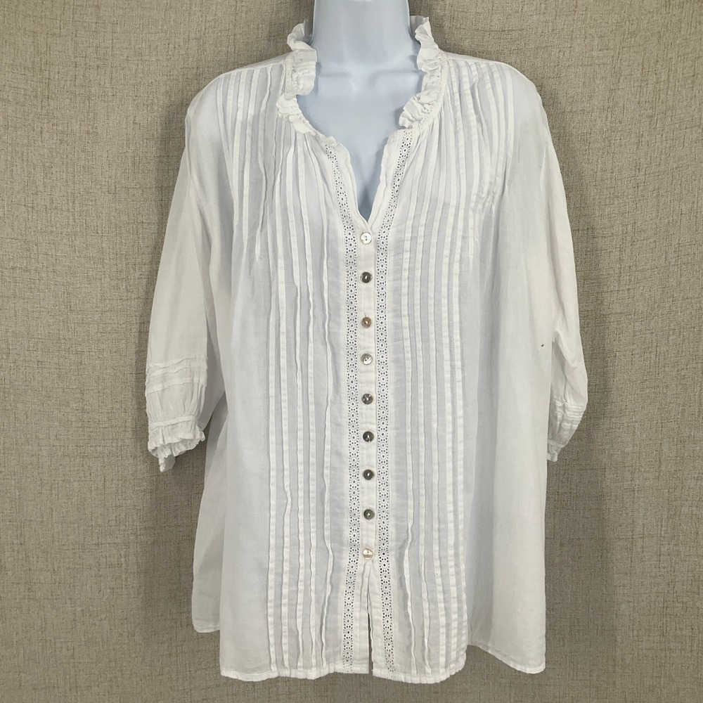 JP and Mattie Top Womens L White Cotton Pintuck Ruffle Lace Cottagecore Airy